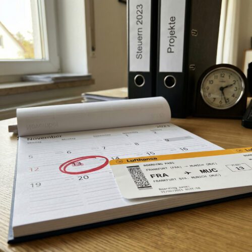 Ein Flugticket verdeckt ein rot markiertes Datum in einem aufgeschlagenen Kalender auf einem überfüllten Schreibtisch.