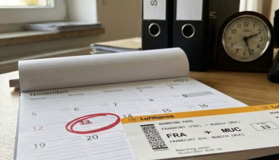 Ein Flugticket verdeckt ein rot markiertes Datum in einem aufgeschlagenen Kalender auf einem überfüllten Schreibtisch.