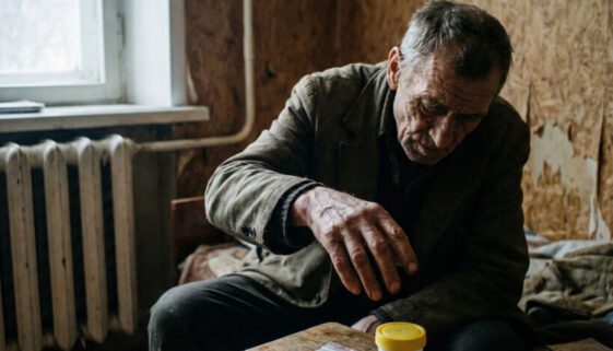 Ein hagerer Mann blickt auf einen Probenbecher, seine zitternde Hand zwischen dem Becher und einem Beutel mit Pulver.