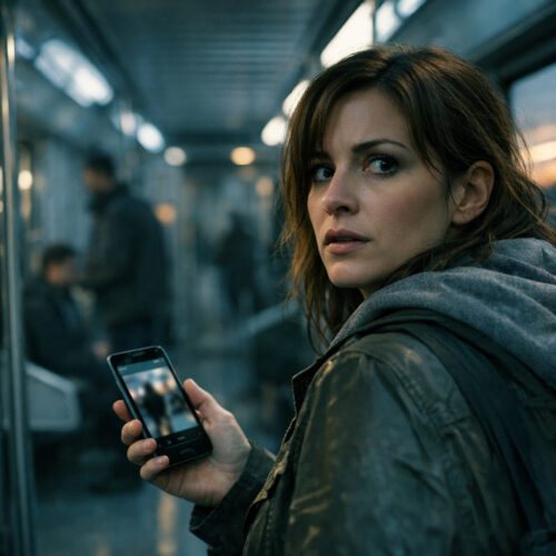 Frau in der U-Bahn schaut sich nach Erhalt einer Nachricht suchend nach dem Absender um