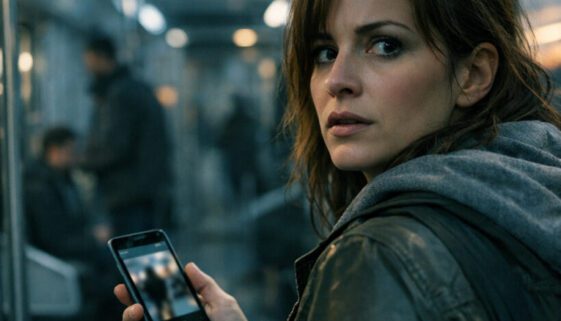 Frau in der U-Bahn schaut sich nach Erhalt einer Nachricht suchend nach dem Absender um