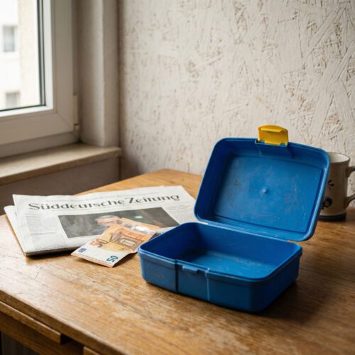 Ein Bündel Geldscheine unter einer Zeitung neben einer leeren, abgenutzten Kinder-Brotdose auf einem Küchentisch.
