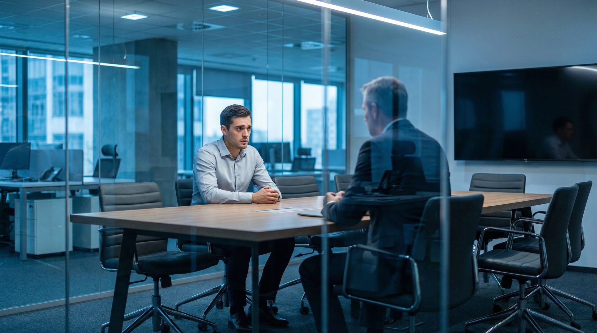 Arbeitnehmer in ernstem Personalgespräch wegen Kündigung im verglasten Büro