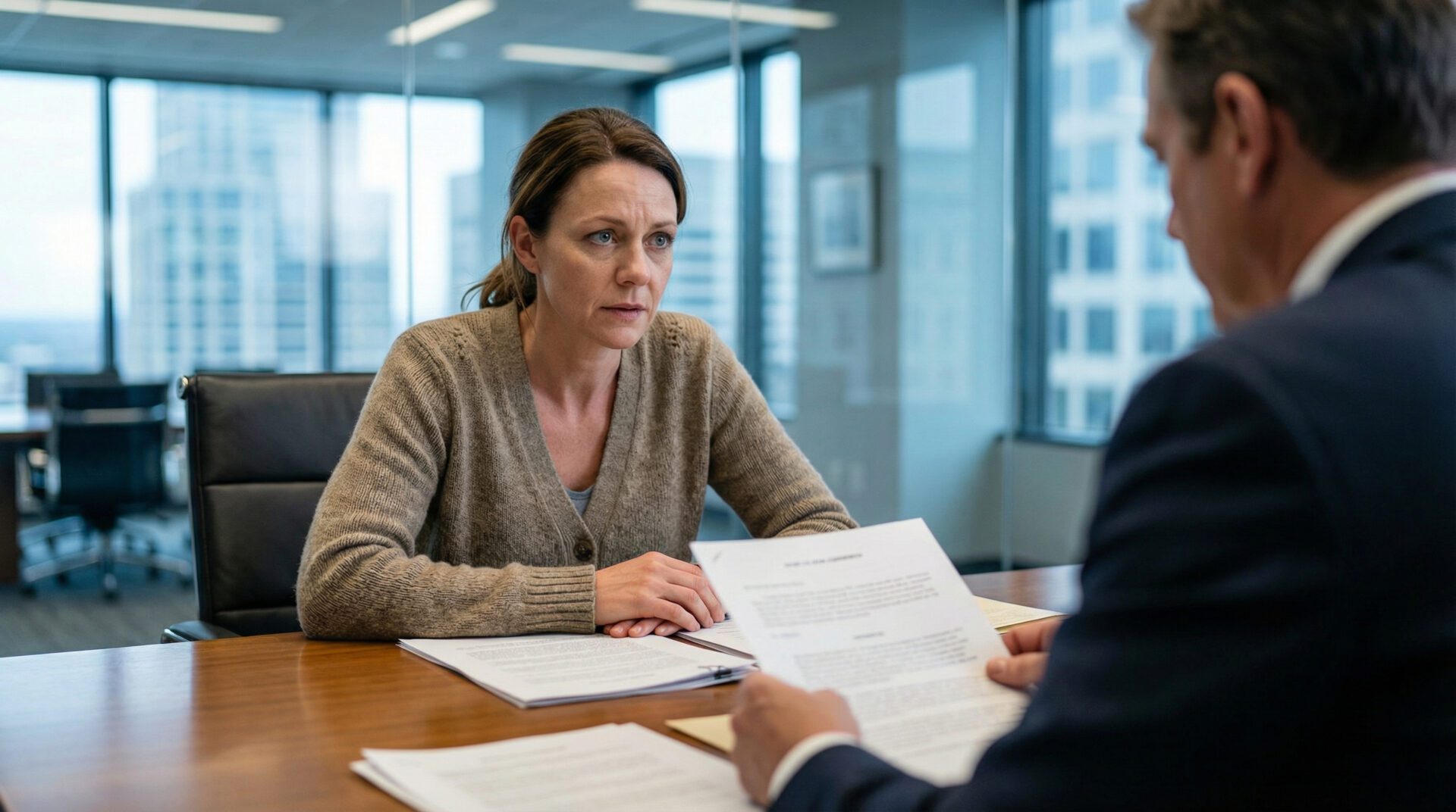 Die Betroffene im Beratungsgespräch mit einem Fachanwalt in einer Kanzlei.