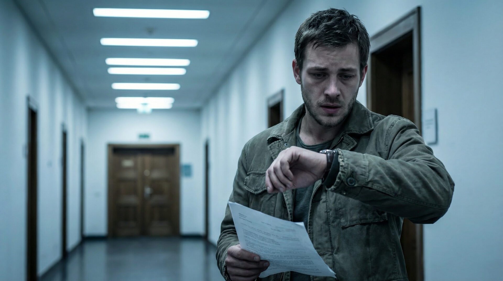 Ein besorgter Mann blickt im Gerichtsflur auf die Uhr, symbolisch für den Zeitdruck im beschleunigten Verfahren.