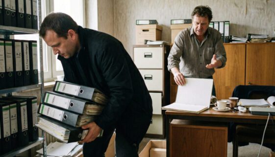 Hektisch packt ein Ermittler alte Ordner in eine Kiste, während ein Mann irritiert auf ein leeres Blatt Papier deutet.