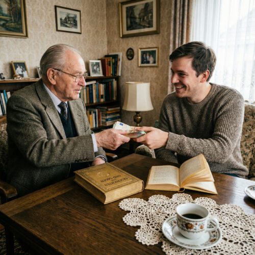 Ein Senior reicht einem lächelnden Mann über einem Prachtband auf einer Häkeldecke ein dickes Geldbündel.