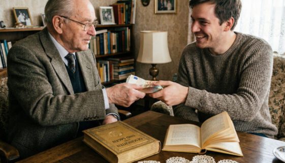 Ein Senior reicht einem lächelnden Mann über einem Prachtband auf einer Häkeldecke ein dickes Geldbündel.