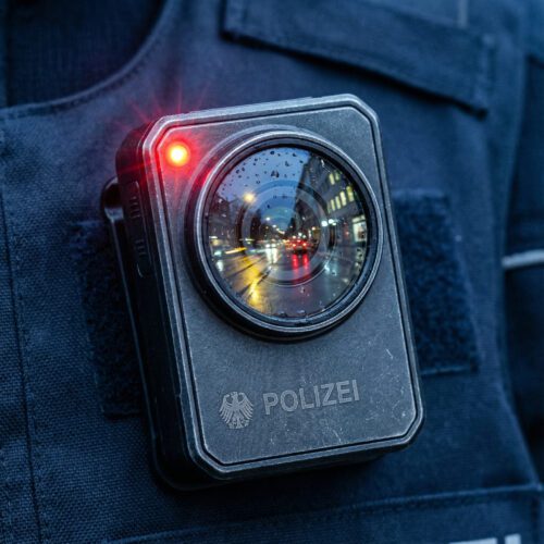 Nahaufnahme einer Polizei-Bodycam an einer Uniform mit leuchtendem Aufnahmelicht.