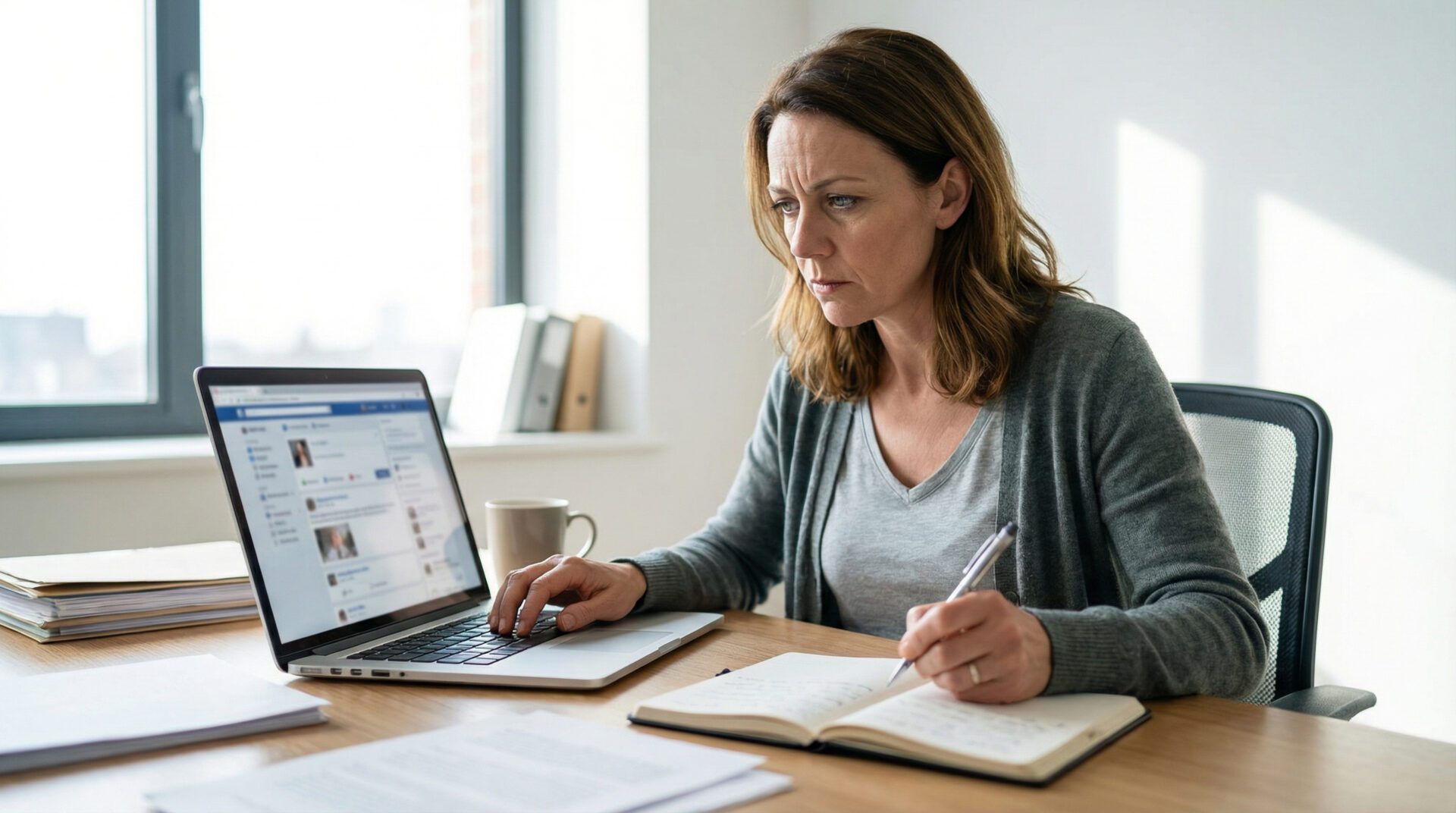 Frau am Schreibtisch sichert Beweise am Laptop und führt handschriftliches Protokoll.