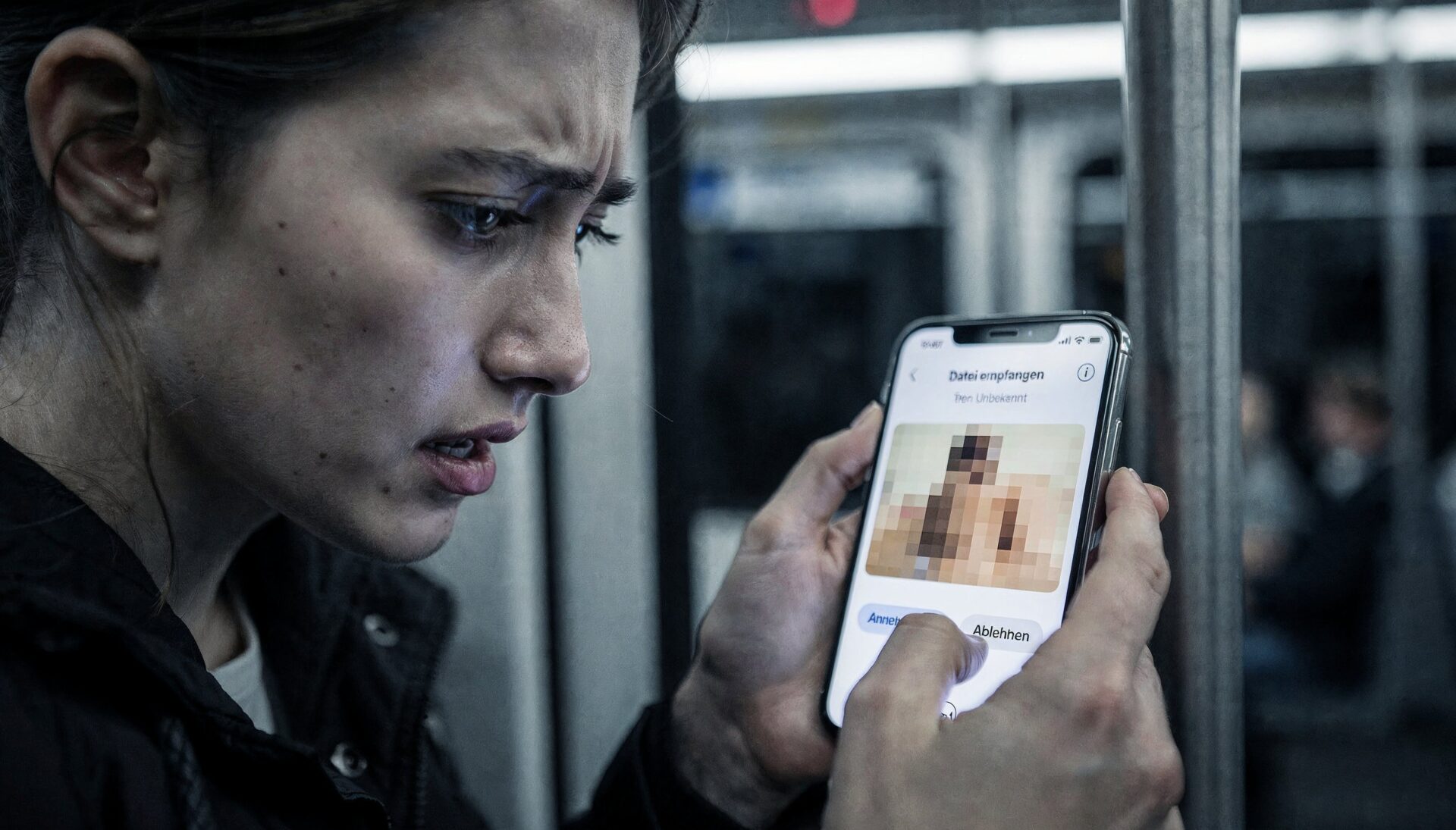 Frau in U-Bahn blickt schockiert auf Smartphone mit Benachrichtigung über ungewollten Bildempfang