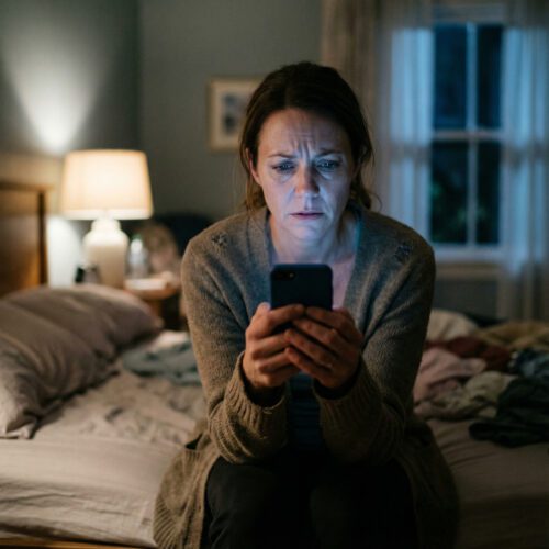 Eine besorgte Frau sitzt abends im Dunkeln auf der Bettkante und liest Nachrichten auf ihrem Smartphone.