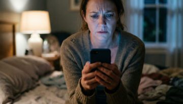 Eine besorgte Frau sitzt abends im Dunkeln auf der Bettkante und liest Nachrichten auf ihrem Smartphone.
