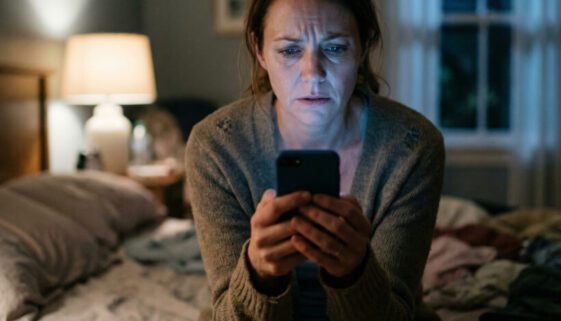 Eine besorgte Frau sitzt abends im Dunkeln auf der Bettkante und liest Nachrichten auf ihrem Smartphone.