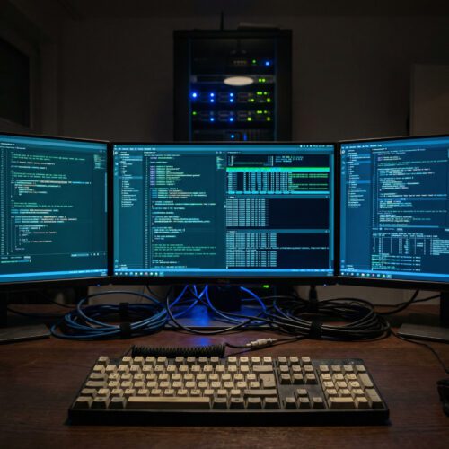 Kühl leuchtende Monitore mit komplexen Datenstrukturen und Software-Code an einem abgedunkelten IT-Arbeitsplatz.