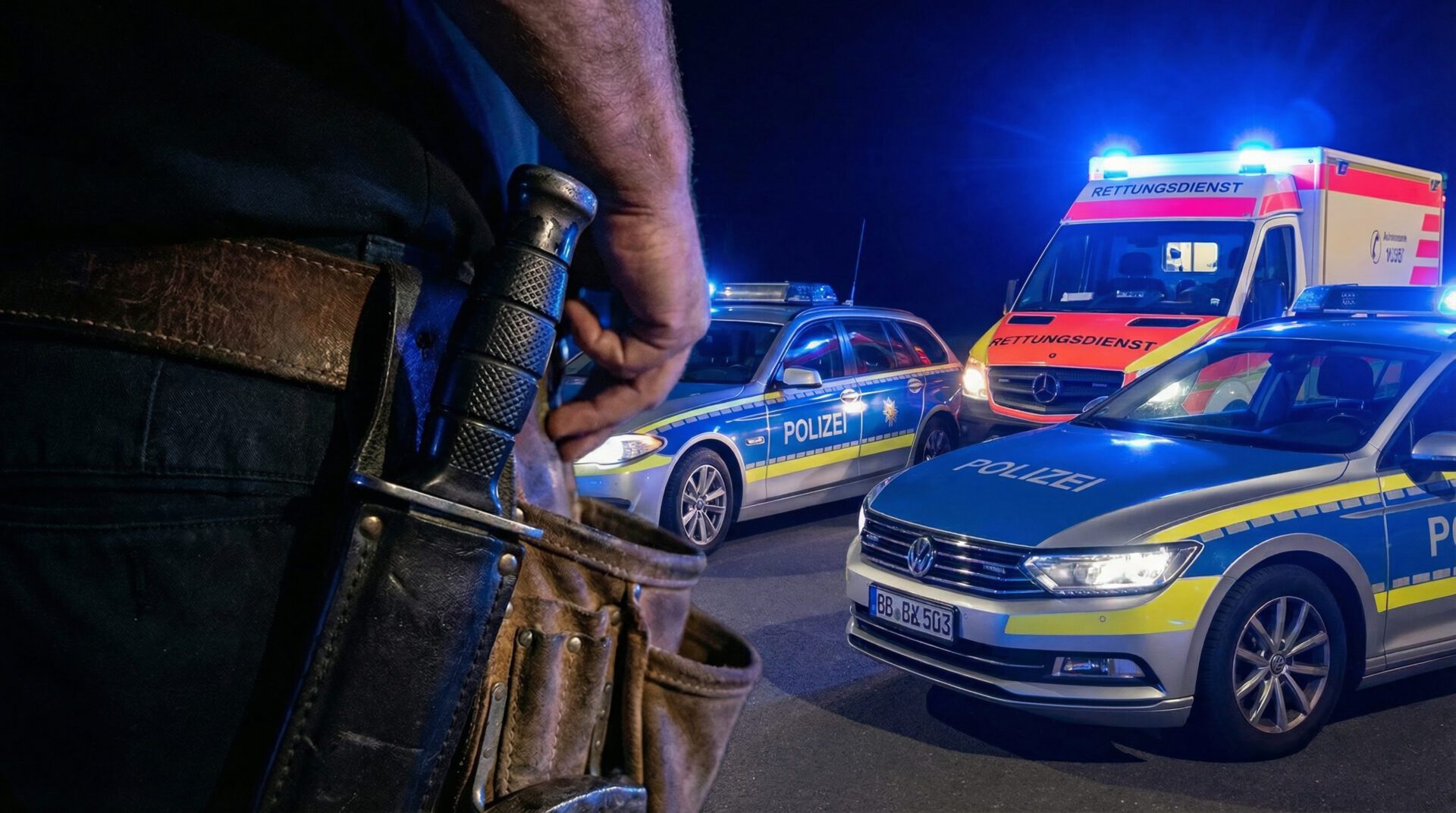 Nahaufnahme eines Teppichmessers am Gürtel einer Person, im Hintergrund unscharfes Blaulicht.