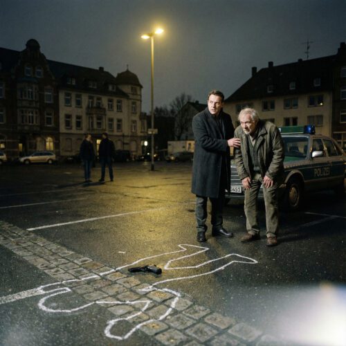 Anwalt mit Hand auf der Schulter eines Seniors blickt im Lichtkegel auf eine markierte Schusswaffe auf Asphalt.
