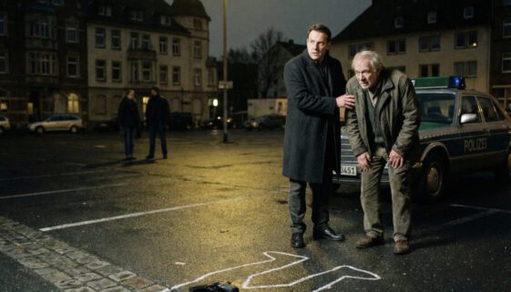 Anwalt mit Hand auf der Schulter eines Seniors blickt im Lichtkegel auf eine markierte Schusswaffe auf Asphalt.