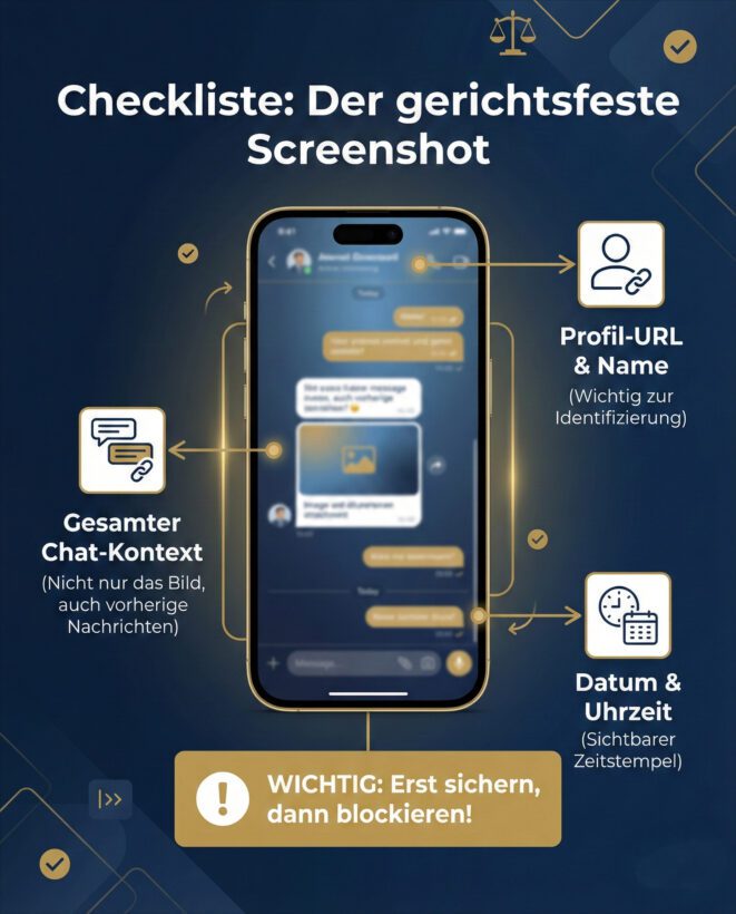 Infografik zeigt ein Smartphone und markiert die wichtigen Elemente eines Beweis-Screenshots: Profil-URL, Chat-Kontext und Zeitstempel.
