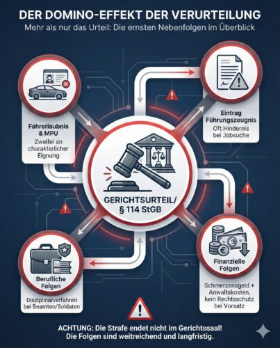 Infografik über die Nebenfolgen einer Verurteilung: Eintrag ins Führungszeugnis, mögliche MPU und Führerscheinentzug, zivilrechtliche Schmerzensgeldforderungen und berufsrechtliche Konsequenzen.
