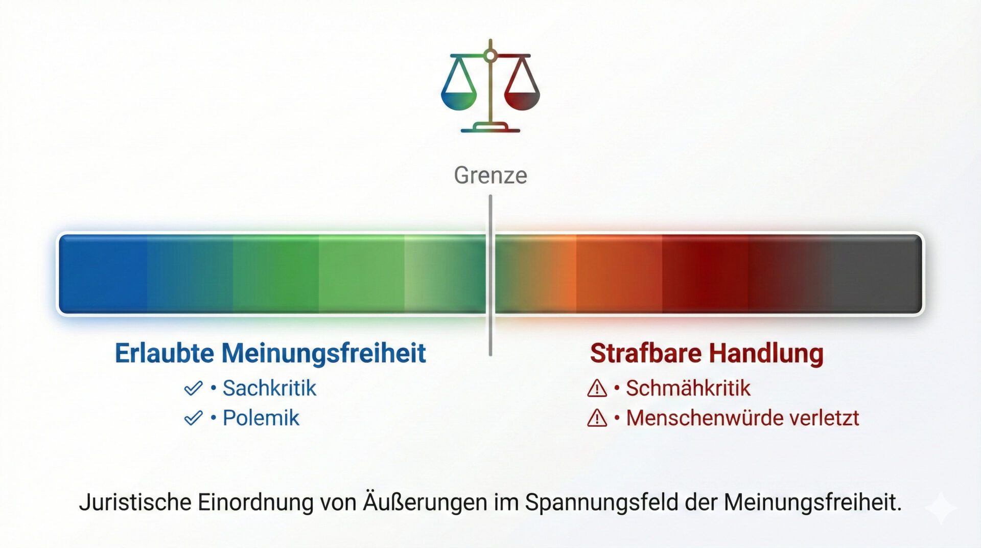 Grafik zur Abgrenzung von Meinungsfreiheit und Beleidigung. Links erlaubte Sachkritik und Polemik, rechts strafbare Schmähkritik und Verletzung der Menschenwürde.
