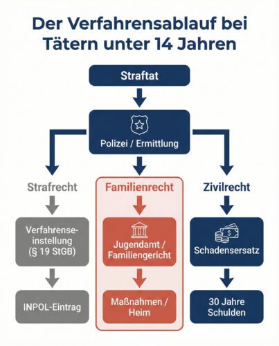 Infografik Flussdiagramm: Ablauf eines Verfahrens gegen Kinder unter 14 Jahren. Zeigt die Aufteilung in Strafrecht (Einstellung aber Polizeiakte), Familienrecht (Maßnahmen bis Heim) und Zivilrecht (Schadensersatz).