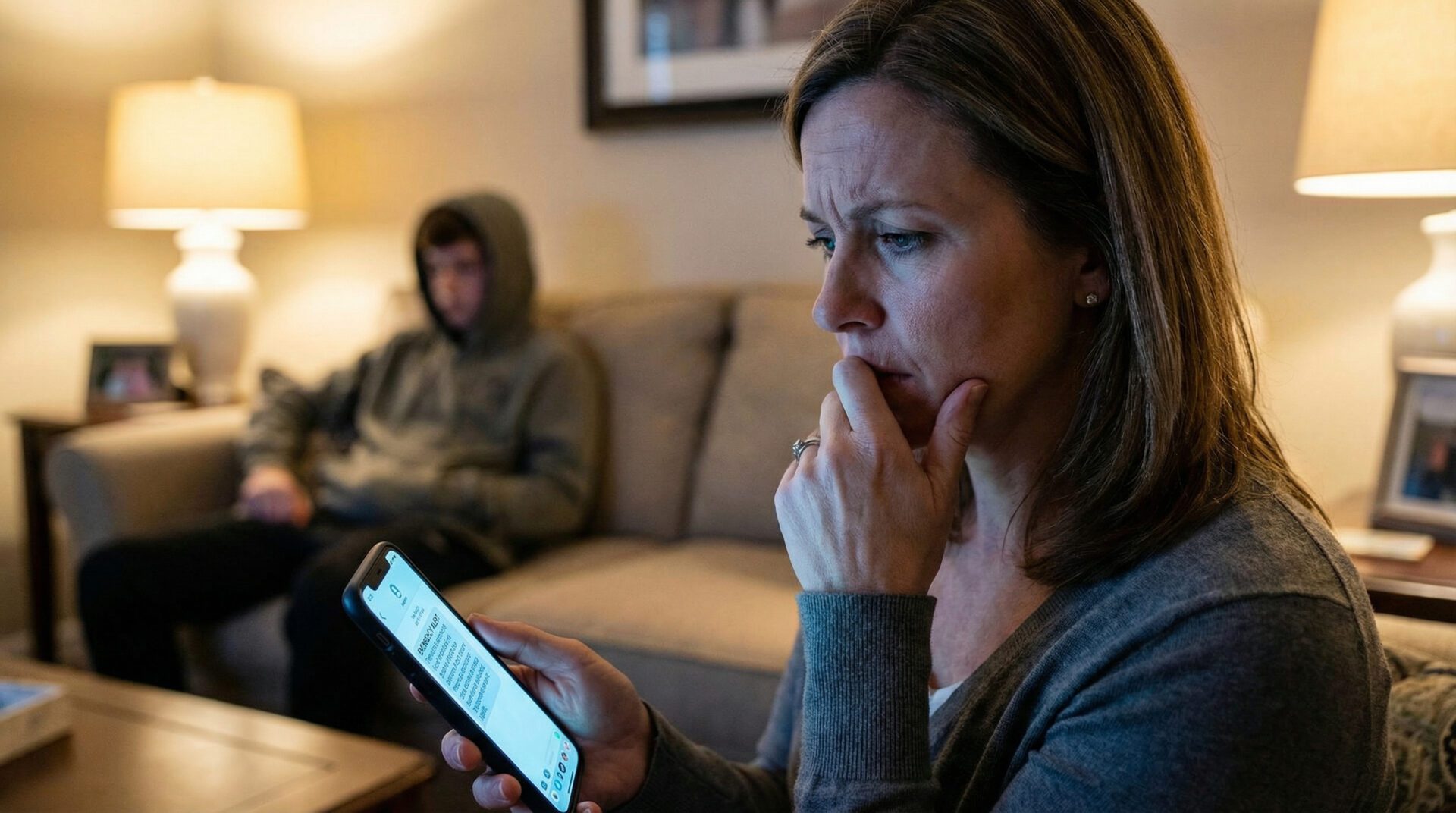 Besorgte Mutter betrachtet ernste Inhalte auf dem Smartphone ihres Sohnes zum Thema Cybermobbing