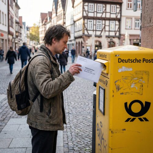 Hand schiebt einen an das Polizeipräsidium adressierten Briefumschlag entschlossen in einen gelben Briefkasten.