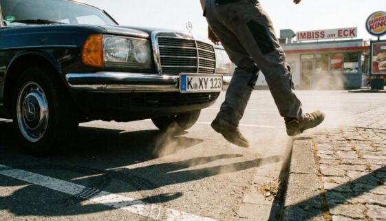 Ein dunkles Auto nähert sich aggressiv den Beinen eines Mannes, der knapp auf eine Steineinfassung zur Seite springt.