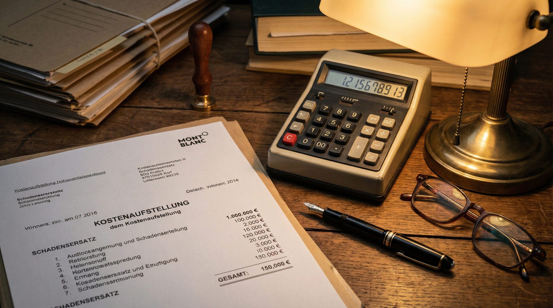 Taschenrechner und juristisches Schreiben auf einem Schreibtisch