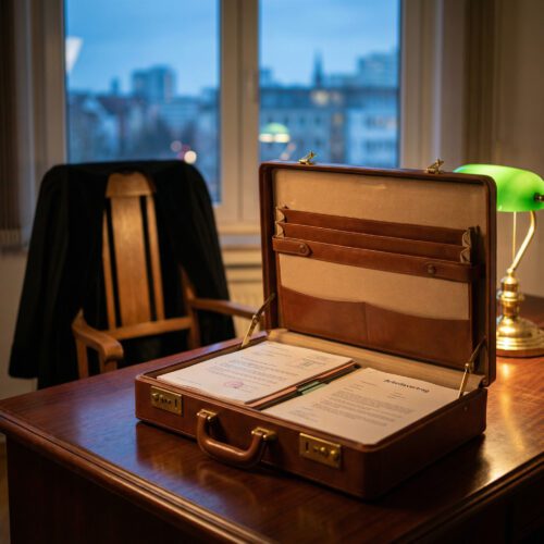 Einsatzbereit gepackte Aktentasche mit sortierten Dokumenten auf einem massiven Schreibtisch im warmen Lampenlicht.