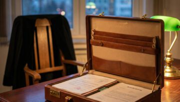 Einsatzbereit gepackte Aktentasche mit sortierten Dokumenten auf einem massiven Schreibtisch im warmen Lampenlicht.