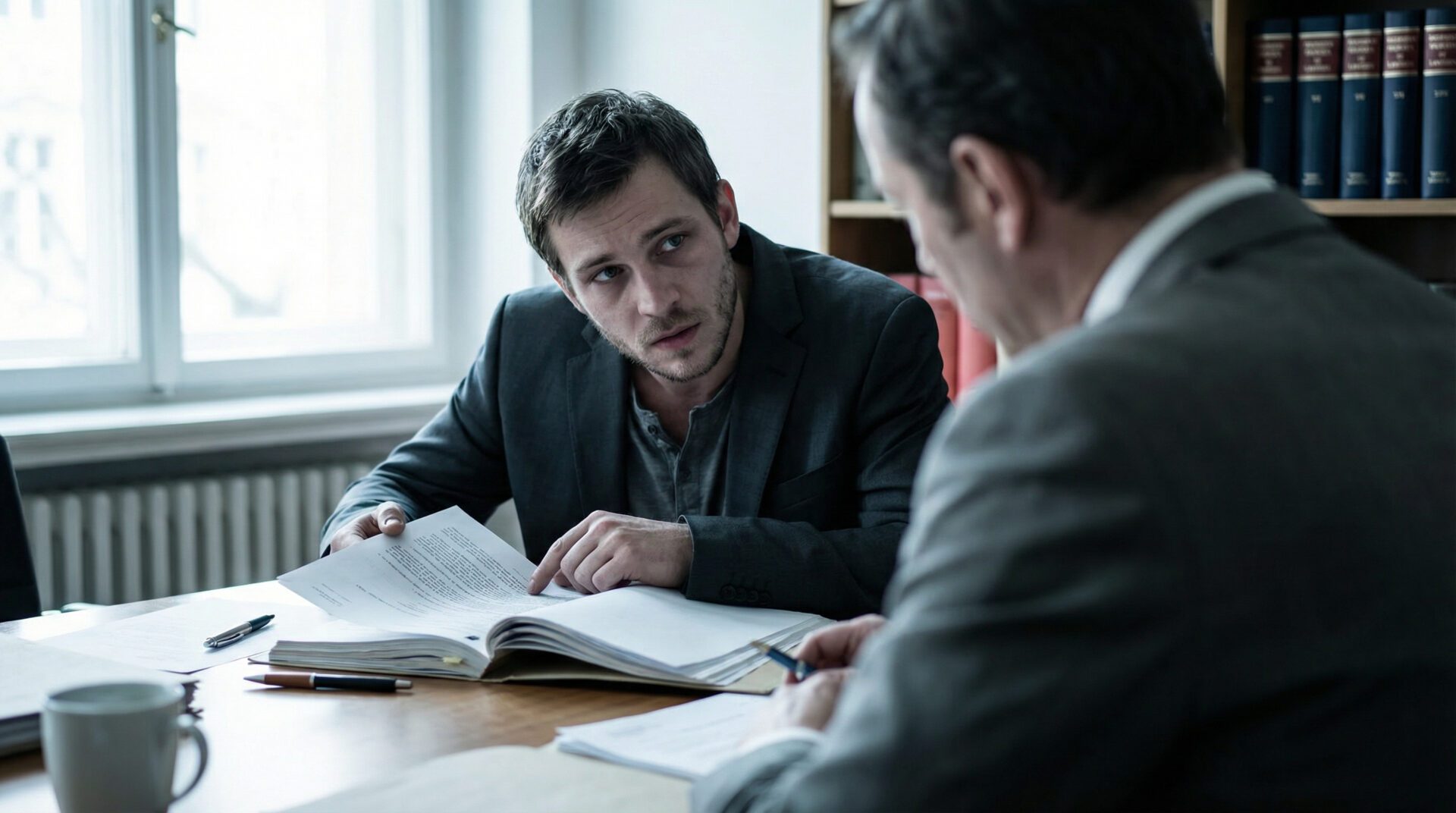 Der Beschuldigte im intensiven Beratungsgespräch mit seinem Pflichtverteidiger.