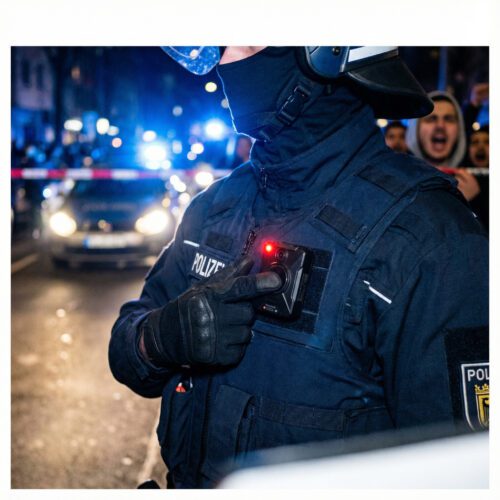 Polizist aktiviert per Knopfdruck seine blinkende Bodycam vor einer herannahenden, hektisch gestikulierenden Gruppe.