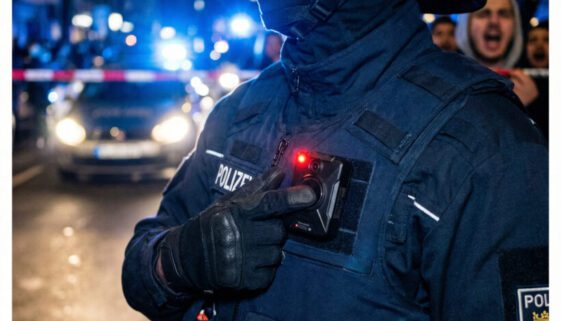 Polizist aktiviert per Knopfdruck seine blinkende Bodycam vor einer herannahenden, hektisch gestikulierenden Gruppe.