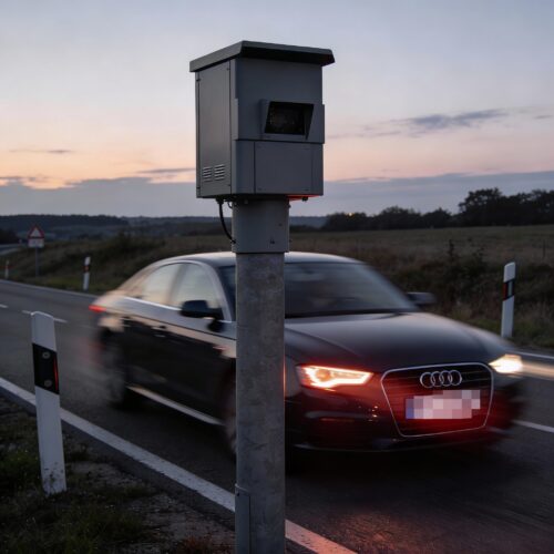 Ein greller roter Blitz einer Radarsäule reflektiert auf der Front eines schnell vorbeifahrenden Autos.
