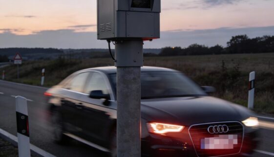 Ein greller roter Blitz einer Radarsäule reflektiert auf der Front eines schnell vorbeifahrenden Autos.