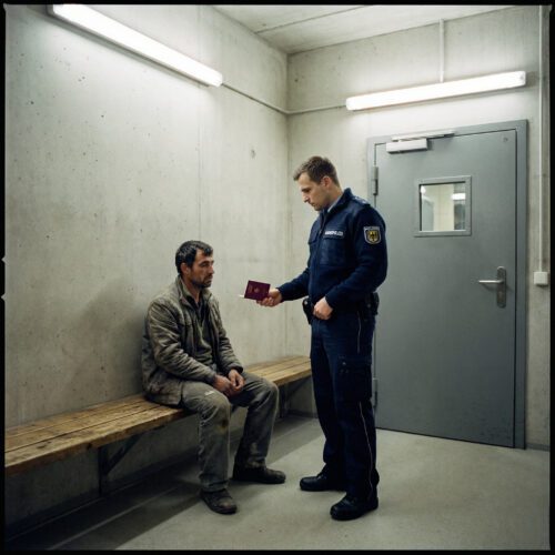 Ein uniformierter Beamter umschließt autoritär einen Reisepass vor einem auf einer Holzbank wartenden Reisenden.