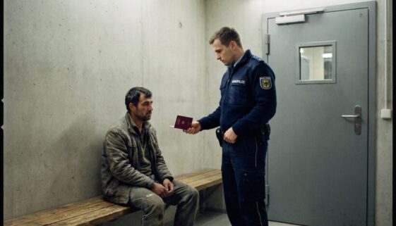 Ein uniformierter Beamter umschließt autoritär einen Reisepass vor einem auf einer Holzbank wartenden Reisenden.