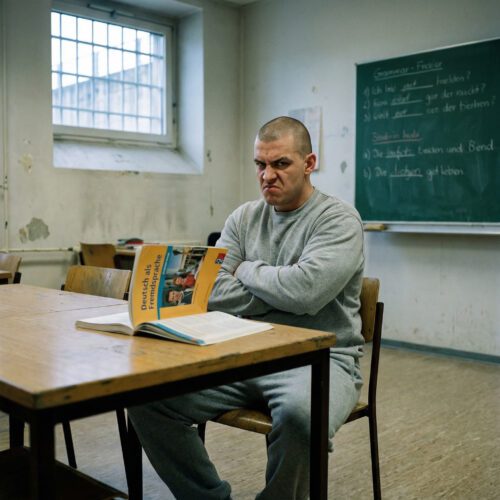 Ein trotziger Häftling in grauer Kleidung schiebt ein Sprach-Lehrbuch weg und verschränkt abweisend die Arme.