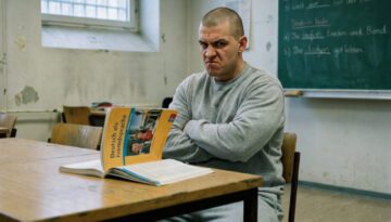 Ein trotziger Häftling in grauer Kleidung schiebt ein Sprach-Lehrbuch weg und verschränkt abweisend die Arme.