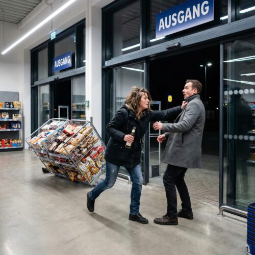 Die Hand einer flüchtenden Frau umklammert ein Parfümfläschchen und stößt eine Zeugin rücksichtslos beiseite.