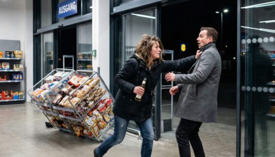 Die Hand einer flüchtenden Frau umklammert ein Parfümfläschchen und stößt eine Zeugin rücksichtslos beiseite.
