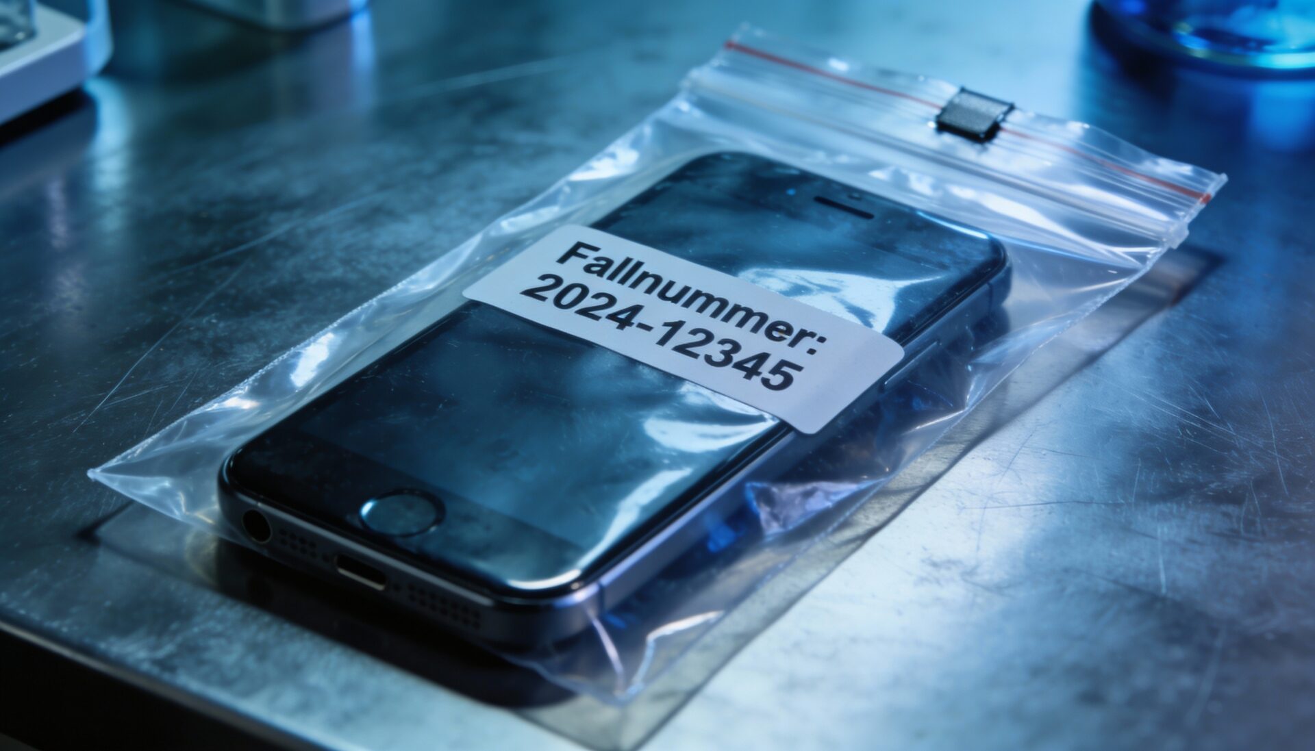 Ein Smartphone in einem transparenten Beweismittelbeutel der Polizei, sichergestellt zur Beweissicherung.