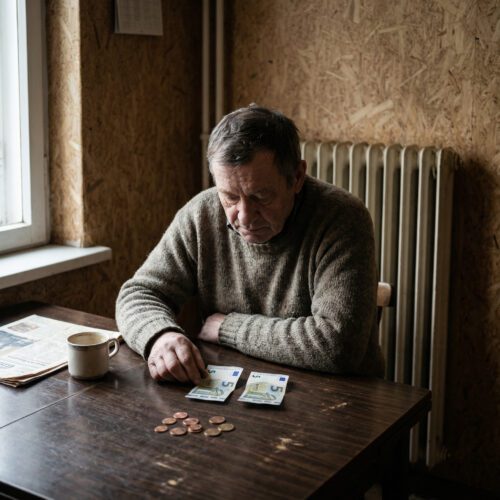 Eine Hand legt zerknitterte Geldscheine und wenige Münzen auf einen stark abgenutzten, leeren Holztisch.