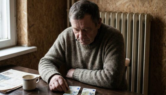 Eine Hand legt zerknitterte Geldscheine und wenige Münzen auf einen stark abgenutzten, leeren Holztisch.