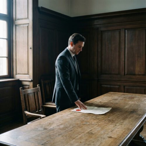 Mann in dunkler Kleidung legt seine Hand auf die untere Hälfte eines besiegelten Dokuments neben einem leeren Holzstuhl.
