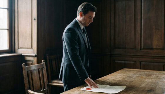 Mann in dunkler Kleidung legt seine Hand auf die untere Hälfte eines besiegelten Dokuments neben einem leeren Holzstuhl.