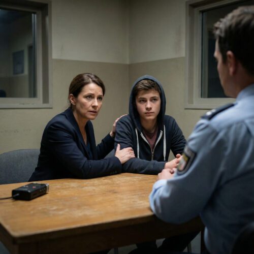 Mutter begleitet ihren minderjährigen Sohn zur polizeilichen Vernehmung auf der Wache