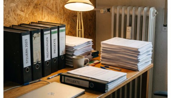 Massive, meterhohe Aktenstapel begraben einen Schreibtisch und drängen den Laptop an den Rand.